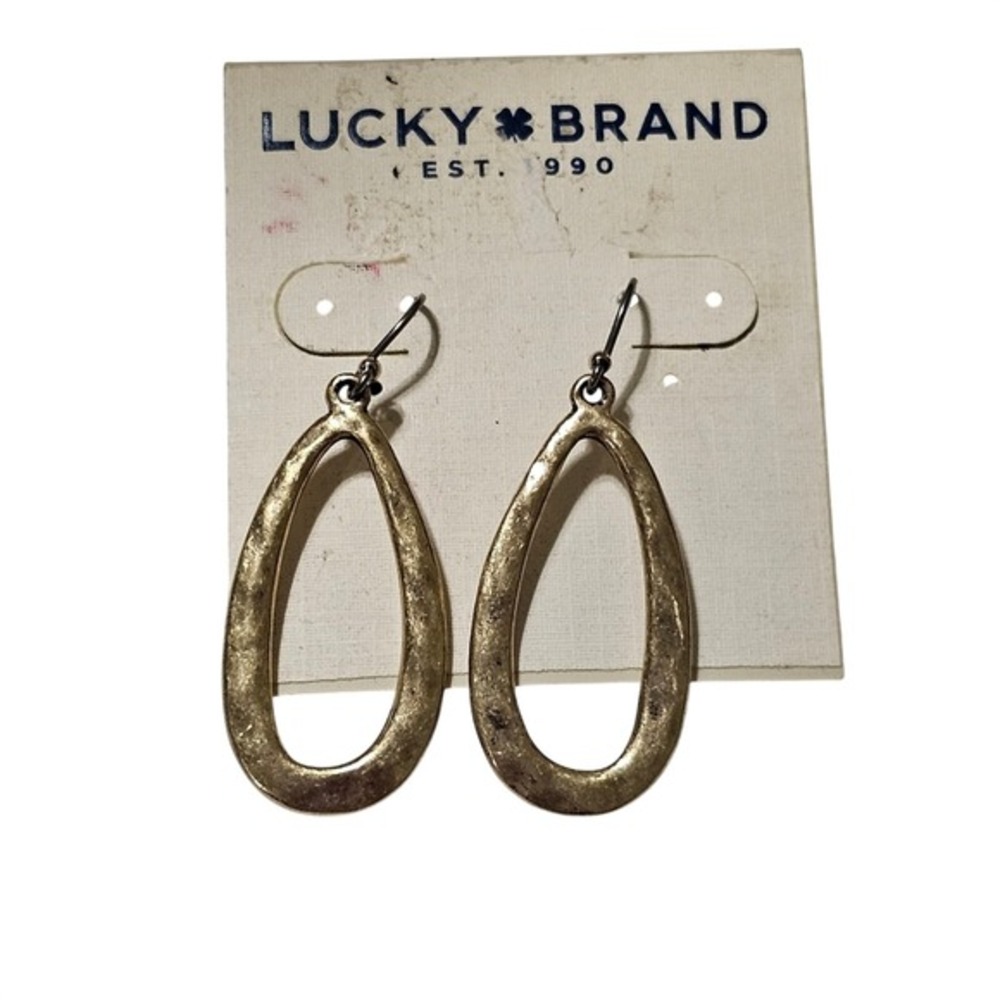 Lucky Brand Gold Tone Hammered Teardrop Drop Earrings Open Frame Boho Dangle